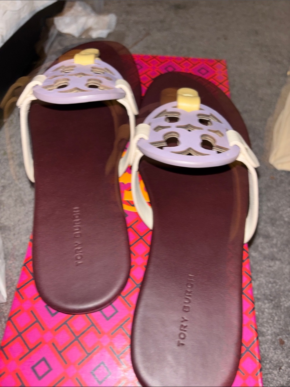 Tory Burch Maroon Sandals with Lavender Medallions & Pale Yellow Straps - Picture 3 of 5